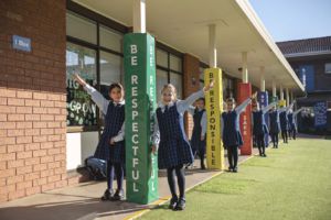 Children standing alongside School-wide Positive Behaviour poles